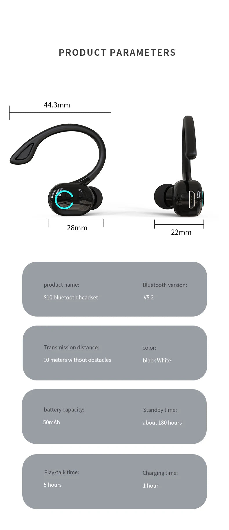 Wireless Bluetooth Earphones with HiFi Bass, HD Microphone, Ear-Hook Design, Noise Cancelling, Waterproof Sports Gaming Headset