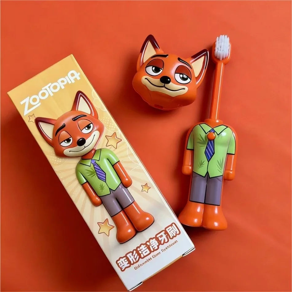 Cute Cartoon Animal Kids Toothbrush with Nick and Judy Figures, Transformable Soft Fine Bristles