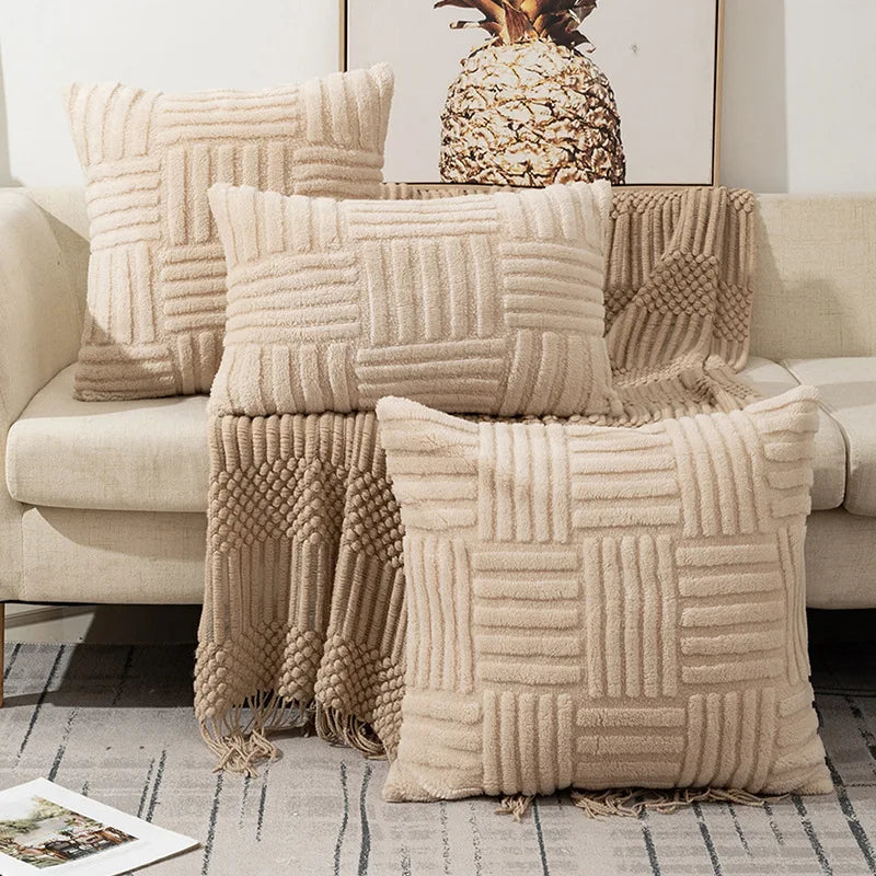 Boho Faux Fur Plush Throw Pillow Cover – Cream White Luxury Soft Decorative Cushion Case