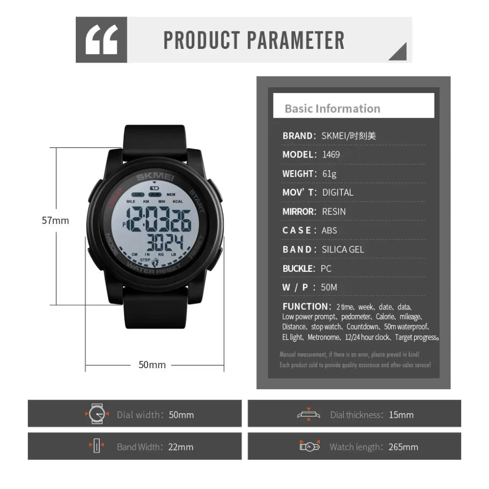SKMEI 1469 Men’s Digital Sport Watch with Pedometer, Dual Time, Calorie, Distance and Mileage Tracker