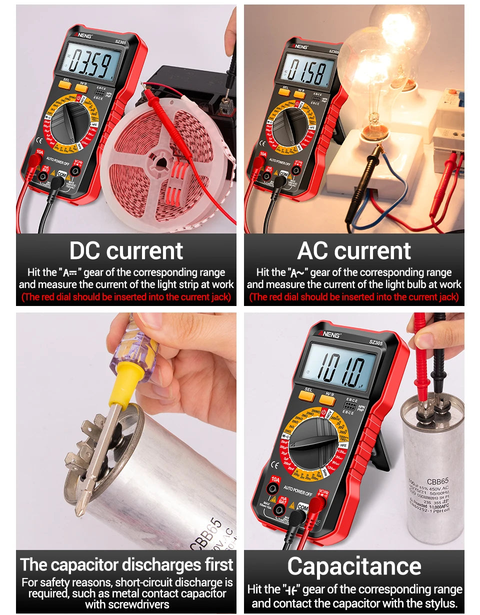 ANENG SZ305 Digital Multimeter Professional AC/DC Voltage Ammeter with Capacitor, hFE Triode and NCV Tester