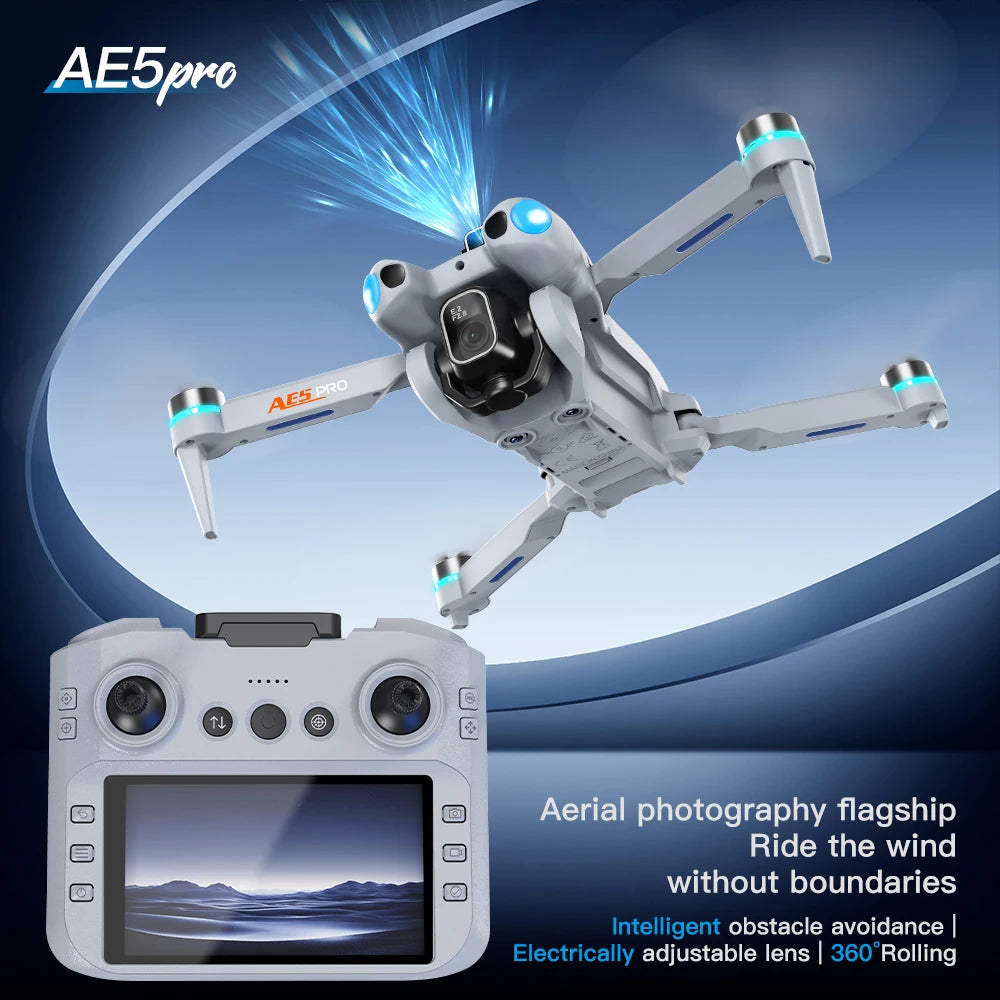 AE5 Max 8K HD Quadcopter Drone with 4.5” Screen Controller, 20 Min Battery, Headless Mode and 360° Flip