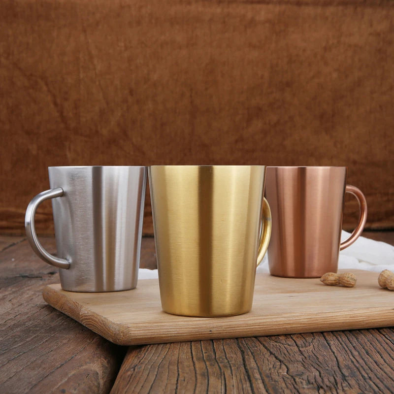 300ml Double-Layer 304 Stainless Steel Coffee Mug with Handle Gold and Silver Drinkware Cup