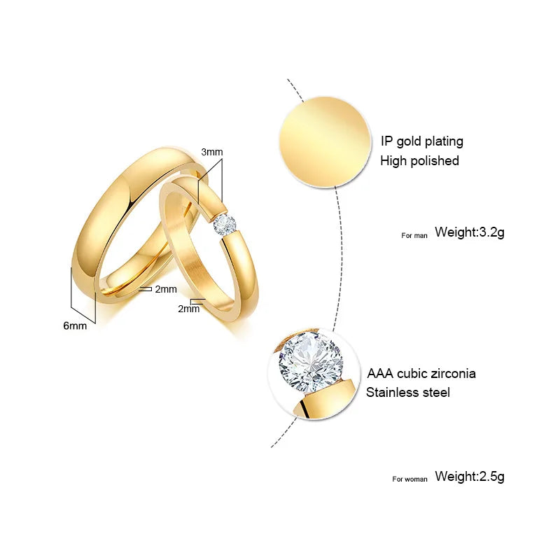 Custom Couple Rings PVD Gold Plated Personalized Name Wedding Bands Gift with Card for Women and Men