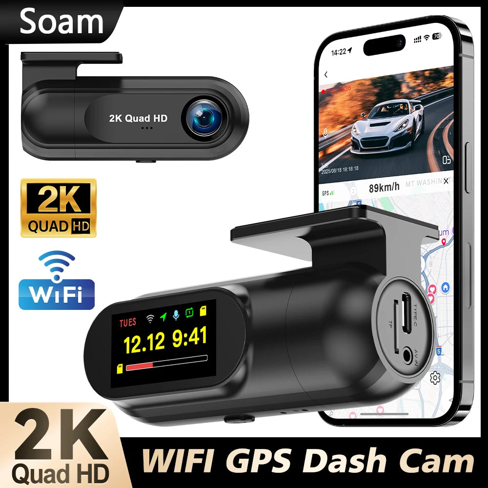 Soam 2.5K Front Dash Cam Built-in WiFi Car DVR with G-Sensor, Night Vision, WDR, GPS and 24H Parking Mode
