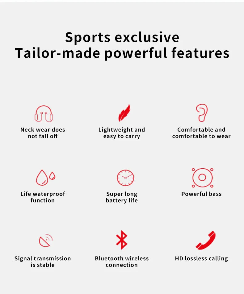 Wireless 9D Bluetooth 5.2 Neckband Sports Headset with Microphone