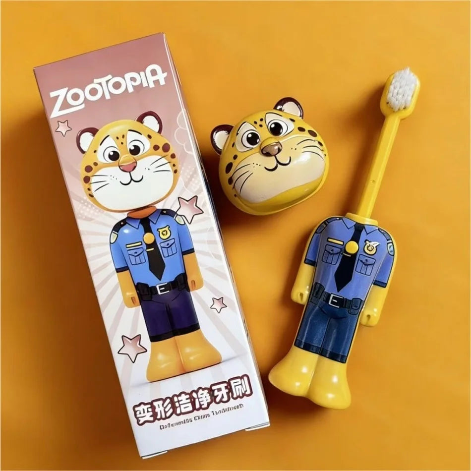 Cute Cartoon Animal Kids Toothbrush with Nick and Judy Figures, Transformable Soft Fine Bristles