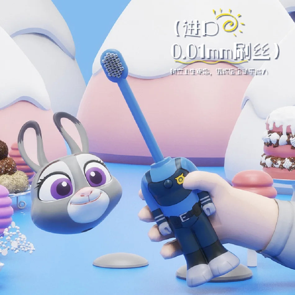 Cute Cartoon Animal Kids Toothbrush with Nick and Judy Figures, Transformable Soft Fine Bristles