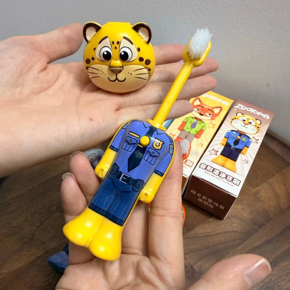 Cute Cartoon Animal Kids Toothbrush with Nick and Judy Figures, Transformable Soft Fine Bristles