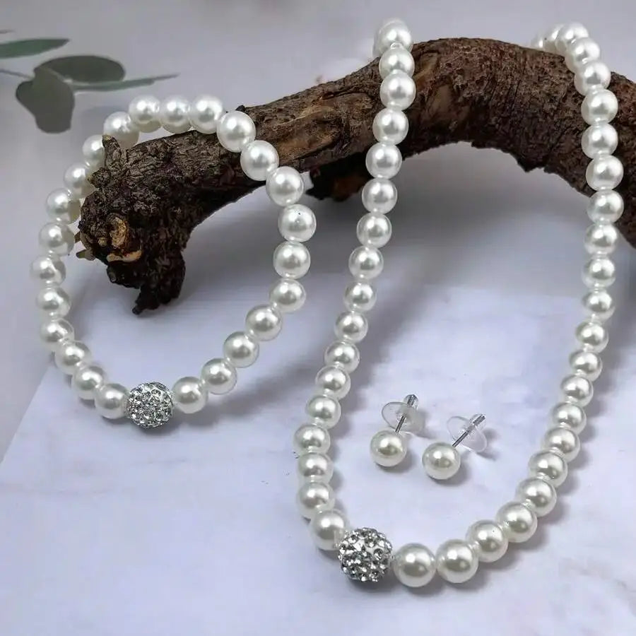 3-Piece Imitation Pearl Fireball Jewelry Set – Necklace, Bracelet & Stud Earrings with Crystal Stones
