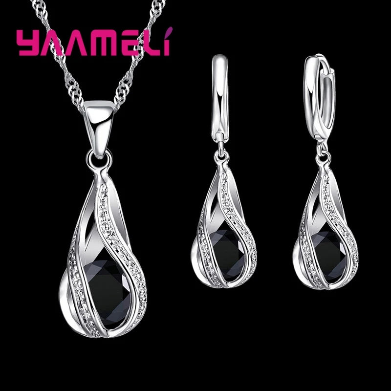 Women’s Water Drop CZ Jewelry Set with Necklace, Hoop Earrings and Ring