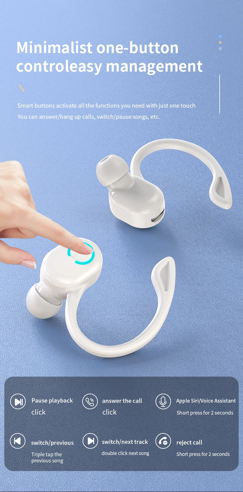 Wireless Bluetooth Earphones with HiFi Bass, HD Microphone, Ear-Hook Design, Noise Cancelling, Waterproof Sports Gaming Headset