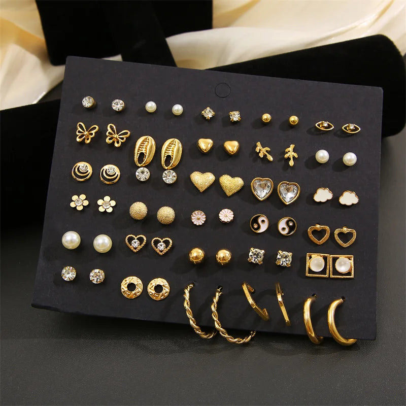 40Pcs Gold Color Earrings Set for Women Butterfly Heart Pearl