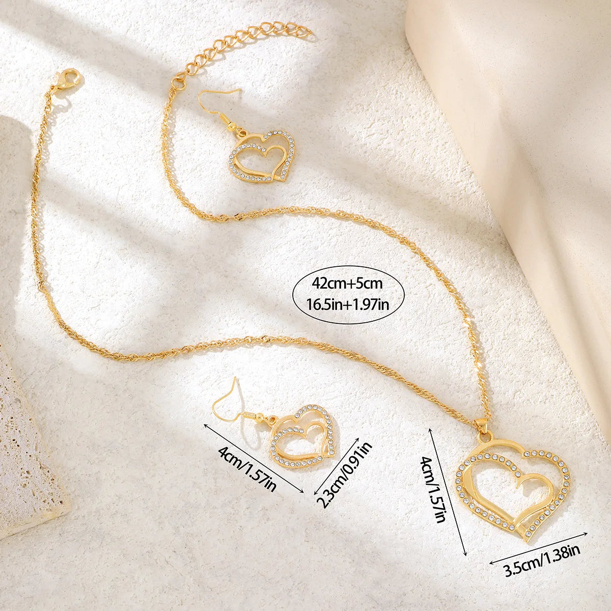 Women’s Double-Layer Hollow Heart Pendant Necklace with Rhinestones