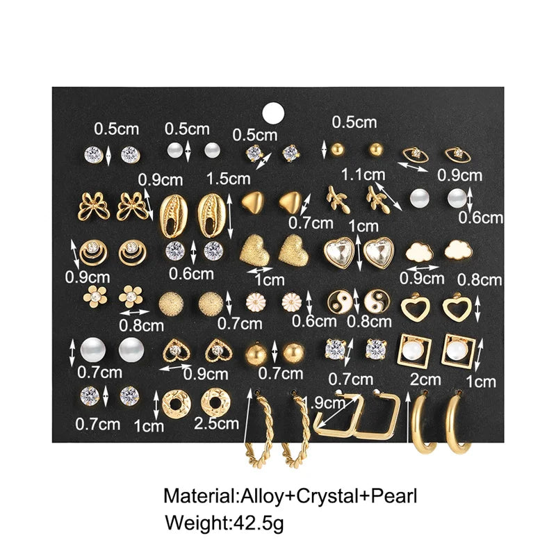 40Pcs Gold Color Earrings Set for Women Butterfly Heart Pearl