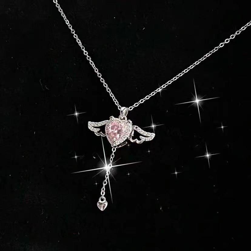 Moving Cupid Heart Angel Wings Tassel Necklace with Crystal Clavicle Chain for Women