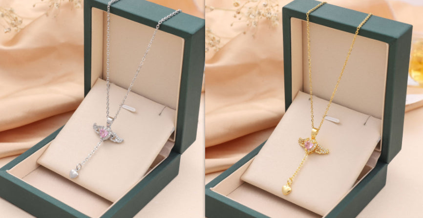 Moving Cupid Heart Angel Wings Tassel Necklace with Crystal Clavicle Chain for Women