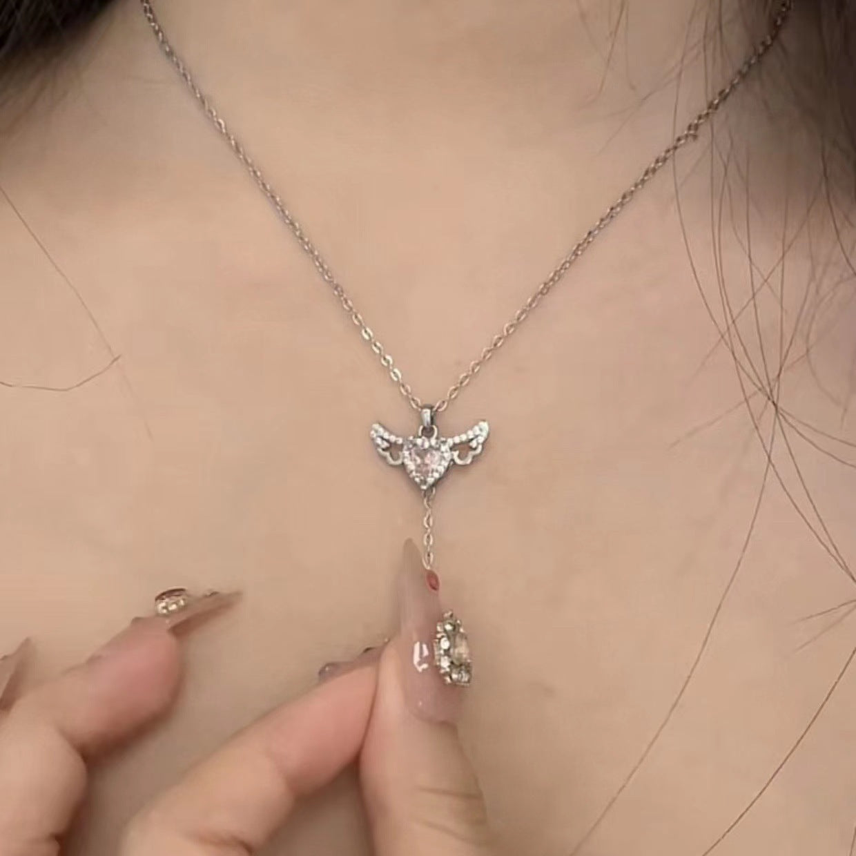 Moving Cupid Heart Angel Wings Tassel Necklace with Crystal Clavicle Chain for Women