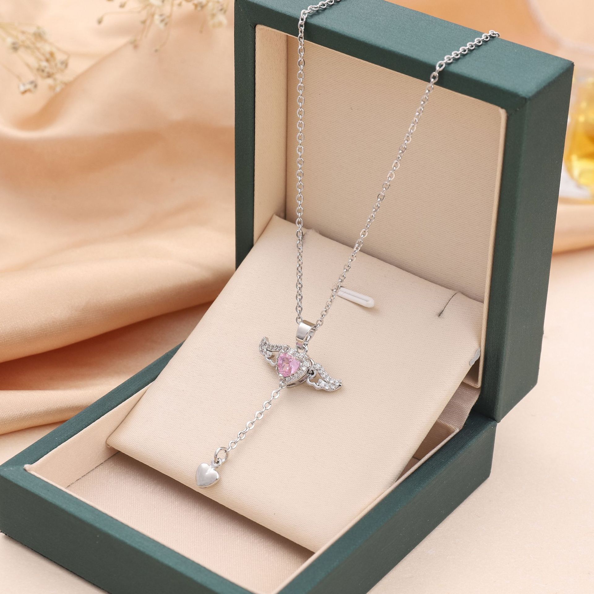 Moving Cupid Heart Angel Wings Tassel Necklace with Crystal Clavicle Chain for Women