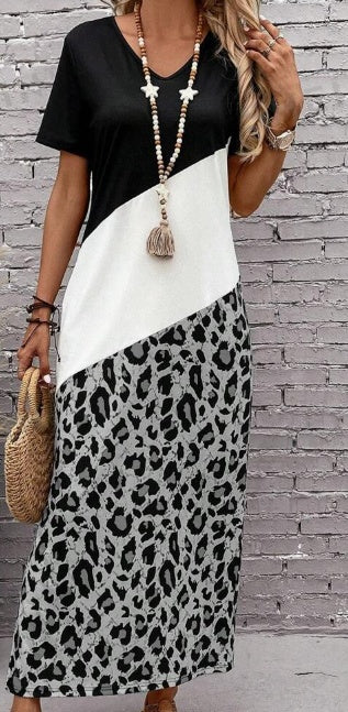 Leopard Print Colorblock Long Summer Tee Dress with Sleeves